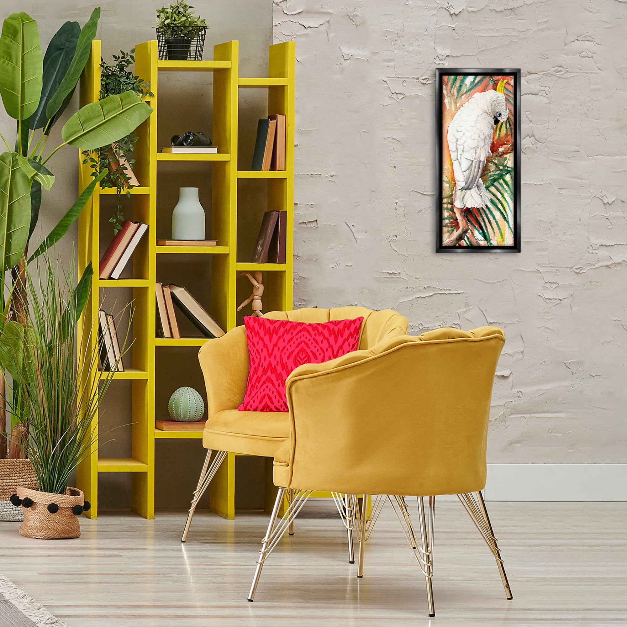 Stupell Industries Cockatoo Among Leaves Animals & Insects Painting Black Floater Framed Canvas Art Print Wall Art, 11 x 25