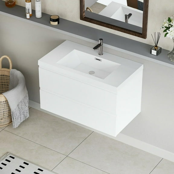Spaco 36" Floating Bathroom Vanity with Sink, Modern Wall-Mounted Bathroom Storage Vanity Cabinet with Resin Top Basin and Soft Close Drawers, White