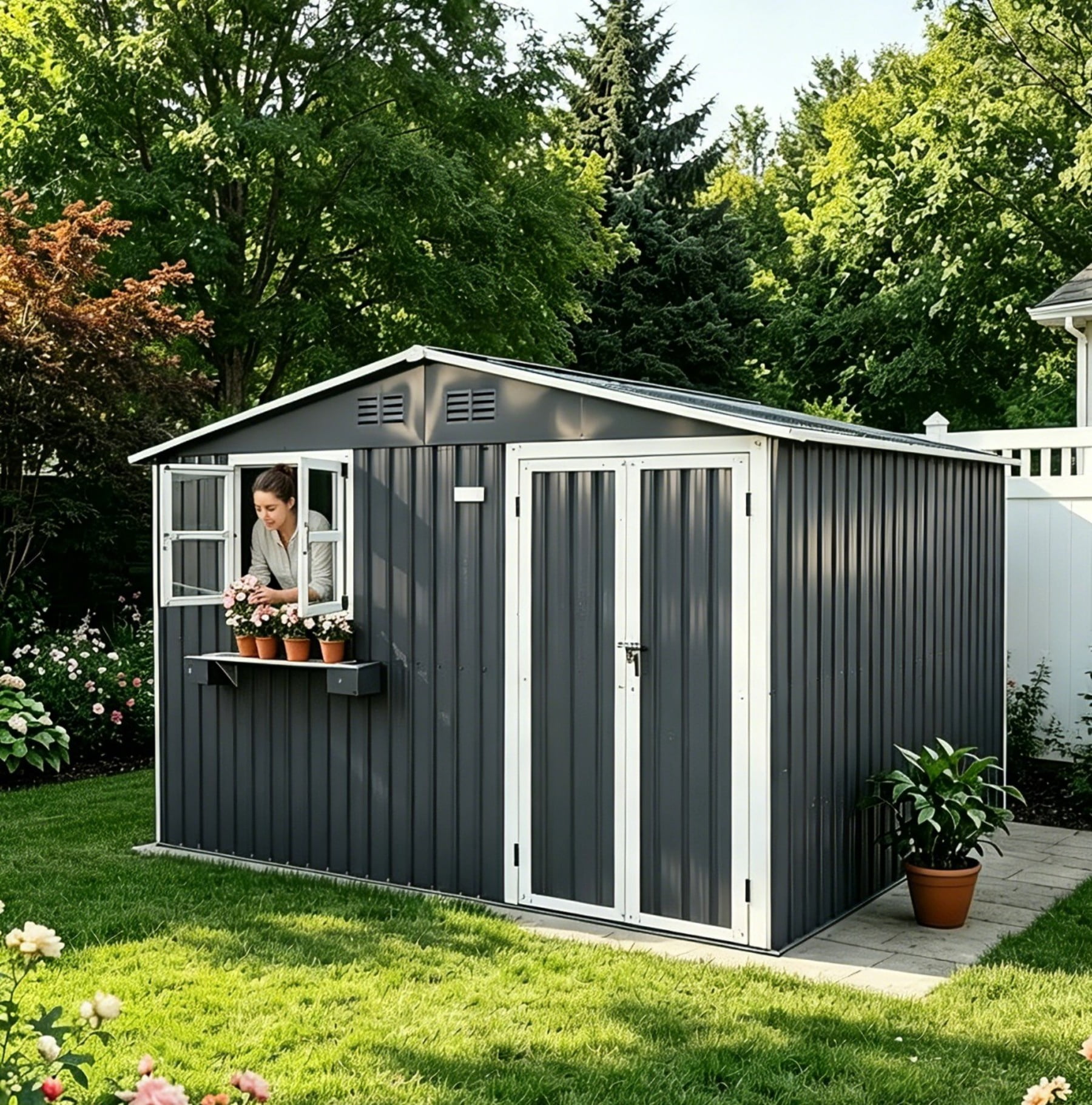 Aukfa 10x8 FT Outdoor Storage Shed with Lockable Doors&Flower Rack, Metal Garden Shed for Bike/Generator/Tool Storage, Gray