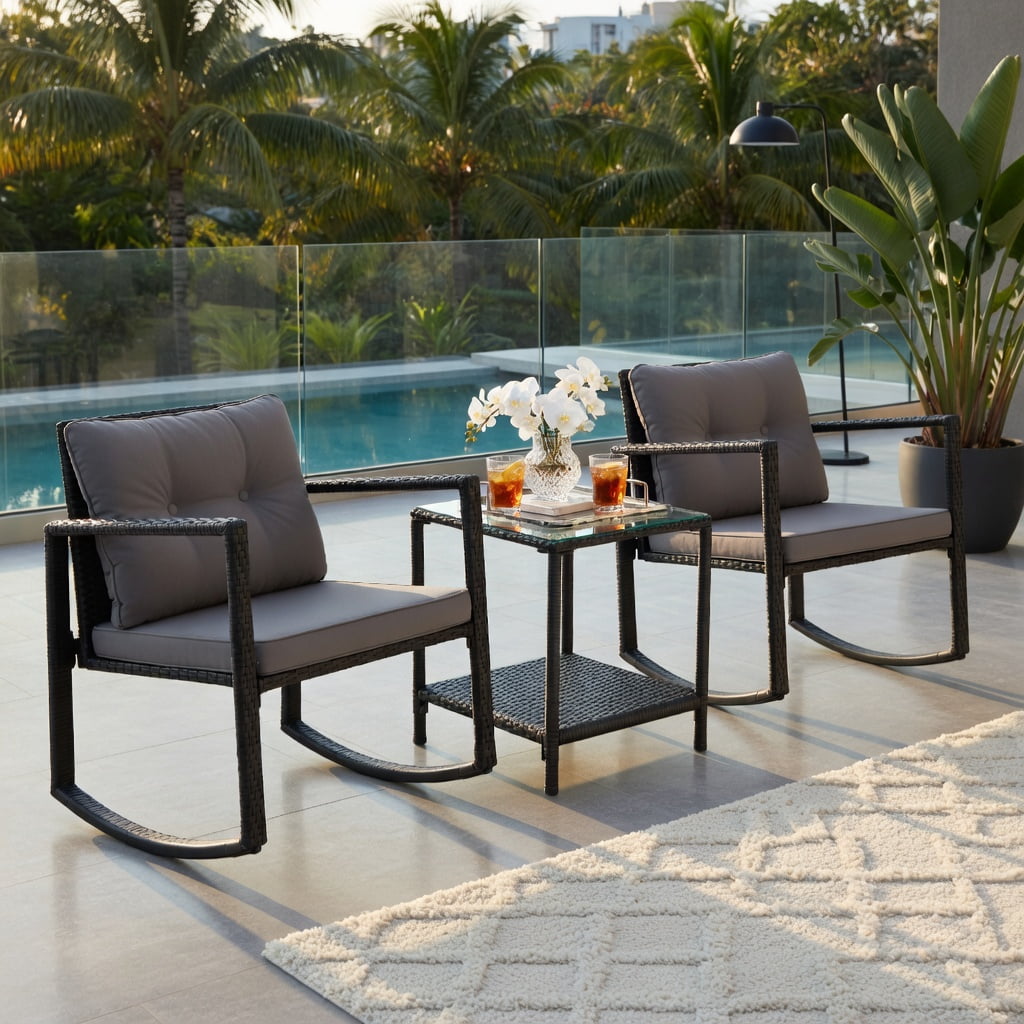 Hommoo 3-Piece Outdoor Rattan Patio Set with Rocking Chairs & Tempered Glass Table, Gray