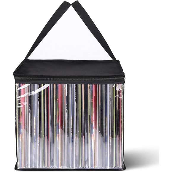 Vinyl Record Storage Bag, 12" PVC Clear LP Vinyl Record Storage Bag Holds up to 50 Albums, Album Carrying Case Bag with Handle, Protective CD LP Records Holder for Travel, Organizer