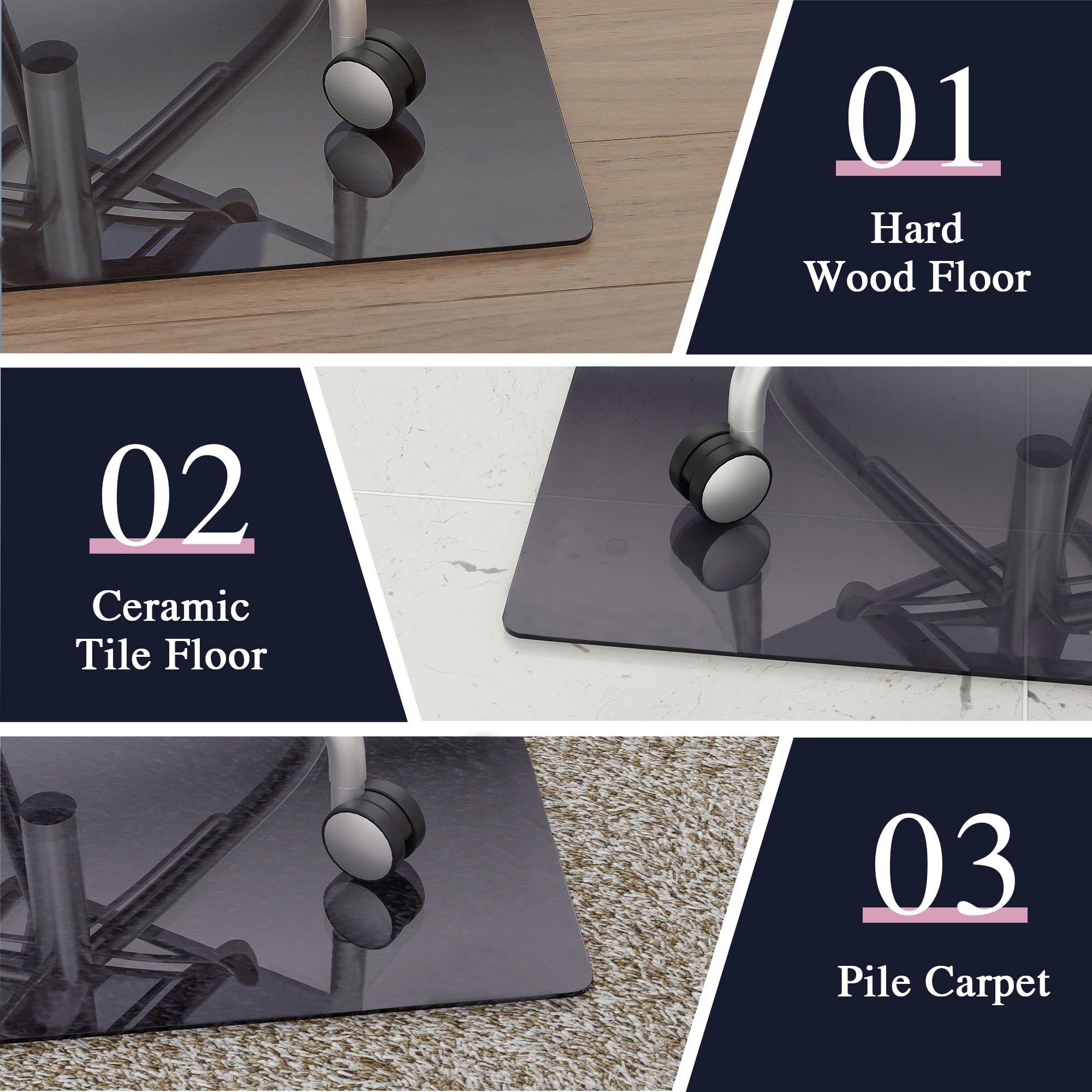 42"x42" Rectangle Gray Glass Floor Mat with Anti-slip Function,6mm Thick
