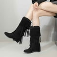 thumbnail image 4 of Lovzfmll Cowboy Boots for Women, Fringe Knee High High Heel Stacked, Mid Heel Wide Calf Round Toe Cowgirl Boots Fall Black Boots, 4 of 8