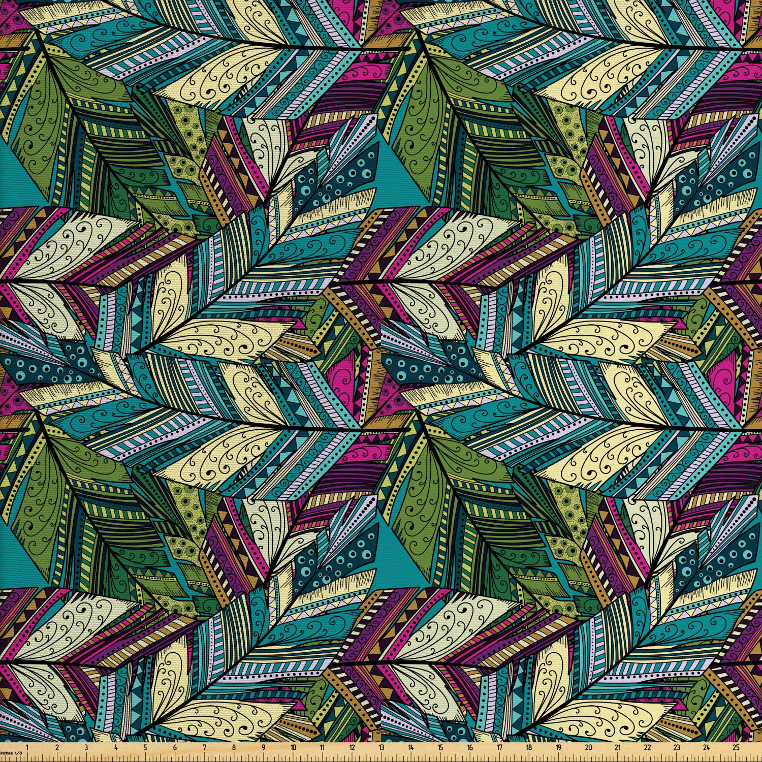 Abstract Upholstery Fabric by the Yard, Exotic Feather Pattern Colorful Design Motifs Dots and 