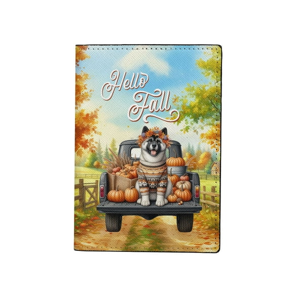 Hello Fall Autumn Akita Pumpkins Pickup Truck Travel Passport Wallet Inu Dog Lover PU Leather Passport Holder Cover - 13011