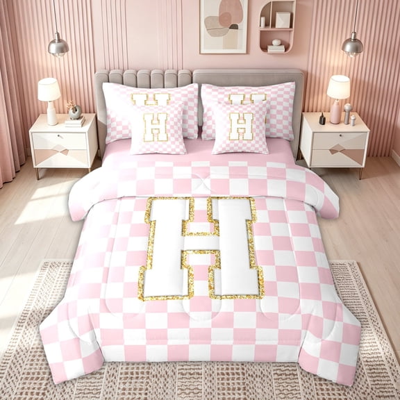 meiyoeat Glitter Print Letter H Twin Bedding for Kids, Princess Grid Plaid Bedding Comforter Set for Bedroom, Pink, Pink Reversible, 7-Piece