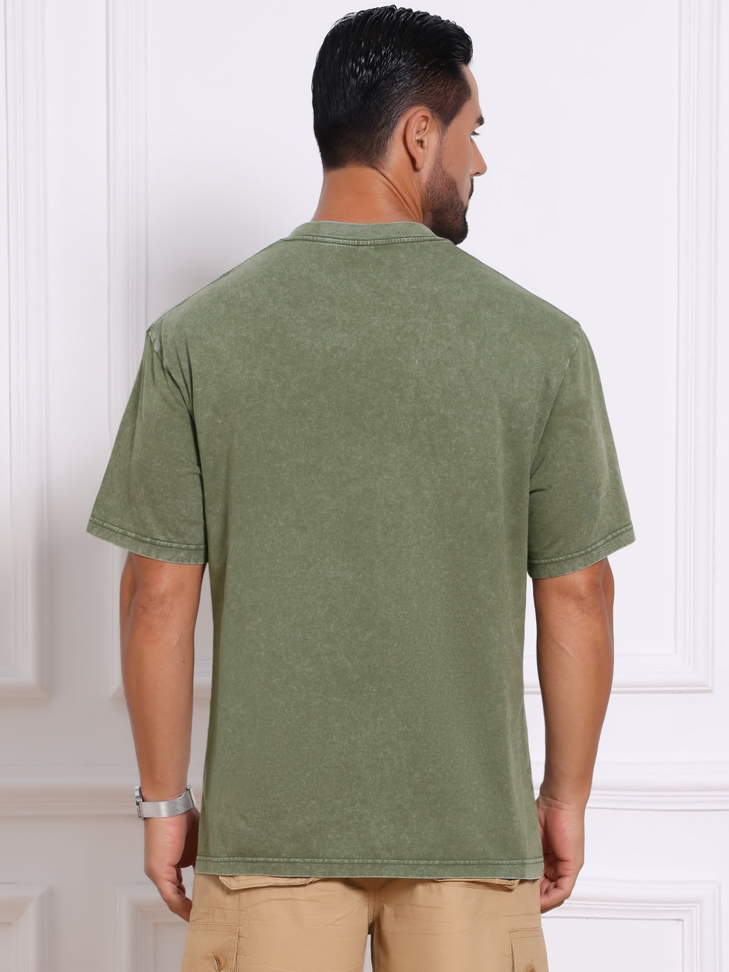 DARING DIVA Men's Retro Distressed Crew Neck Short Sleeve Solid T-Shirt L Olive Green