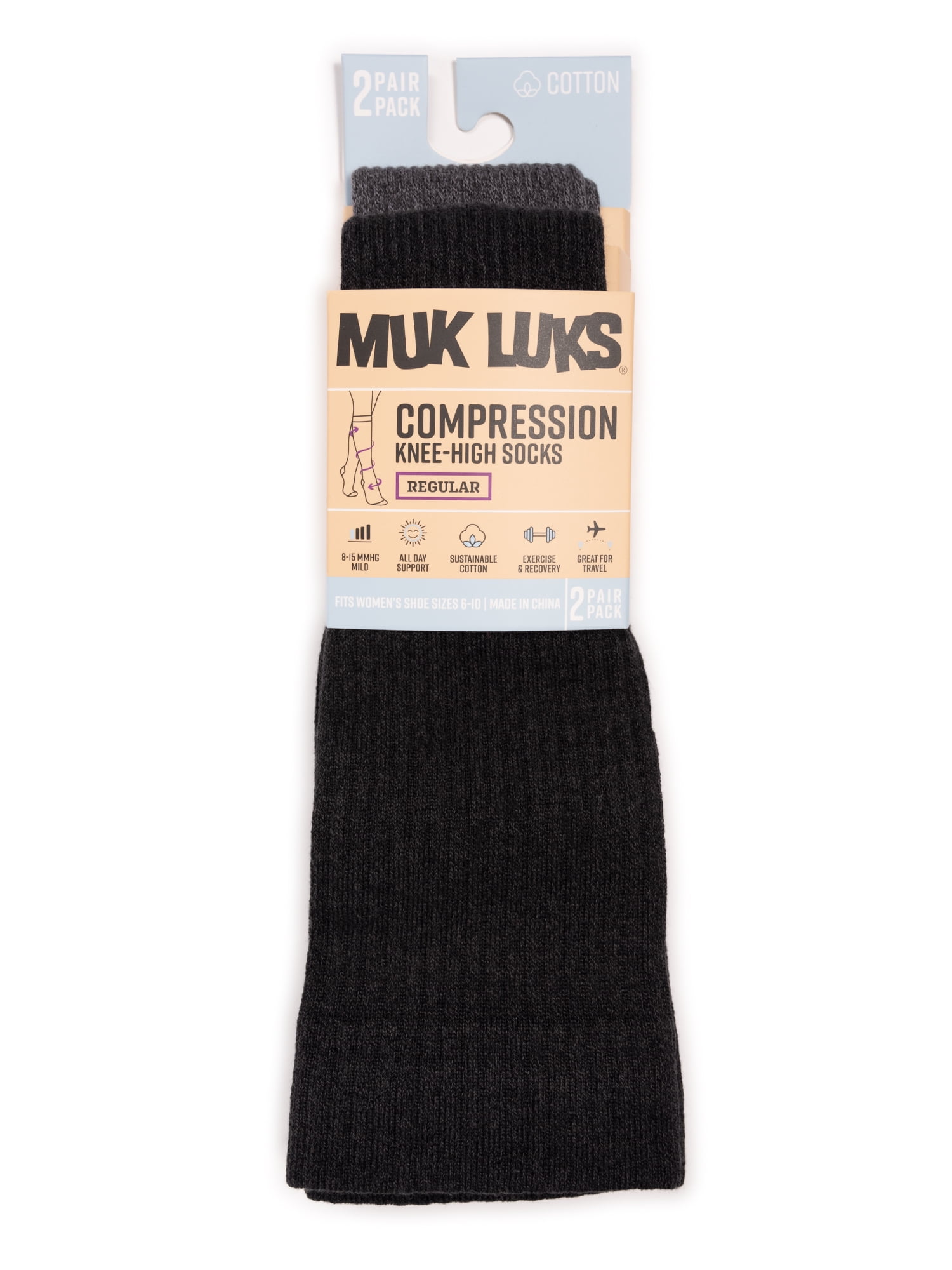 MUK LUKS Women's Regular Width Compression Cotton Knee-High Socks, 2-Pack, Shoe Size 6-10