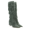 thumbnail image 5 of YDN Women Layer Tassel Pointed Toe Moccasin Boots Knee High Stiletto Mid Heels Western Themed Party Dress Shoes Size 5 Celadon, 5 of 5