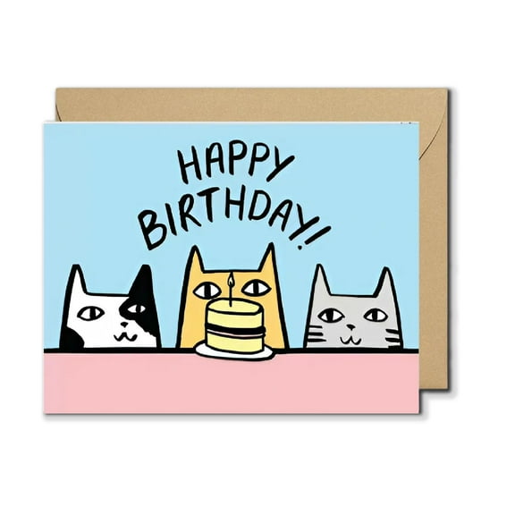 Cute Cat Birthday Card with Envelope – Cartoon Cats & Cake Design, Happy Birthday Greeting Card, Blank Inside, Perfect for Cat Lovers, Friends, Family, Adults, Kids