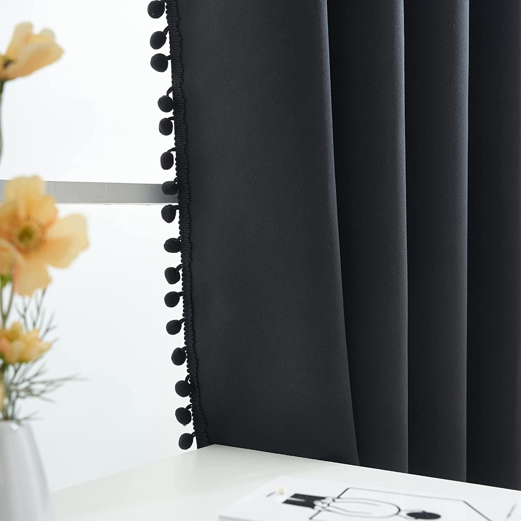 Flowpartex Modern Black Solid Print Grommet Blackout Curtains, 52” x 84” (2 Panels)