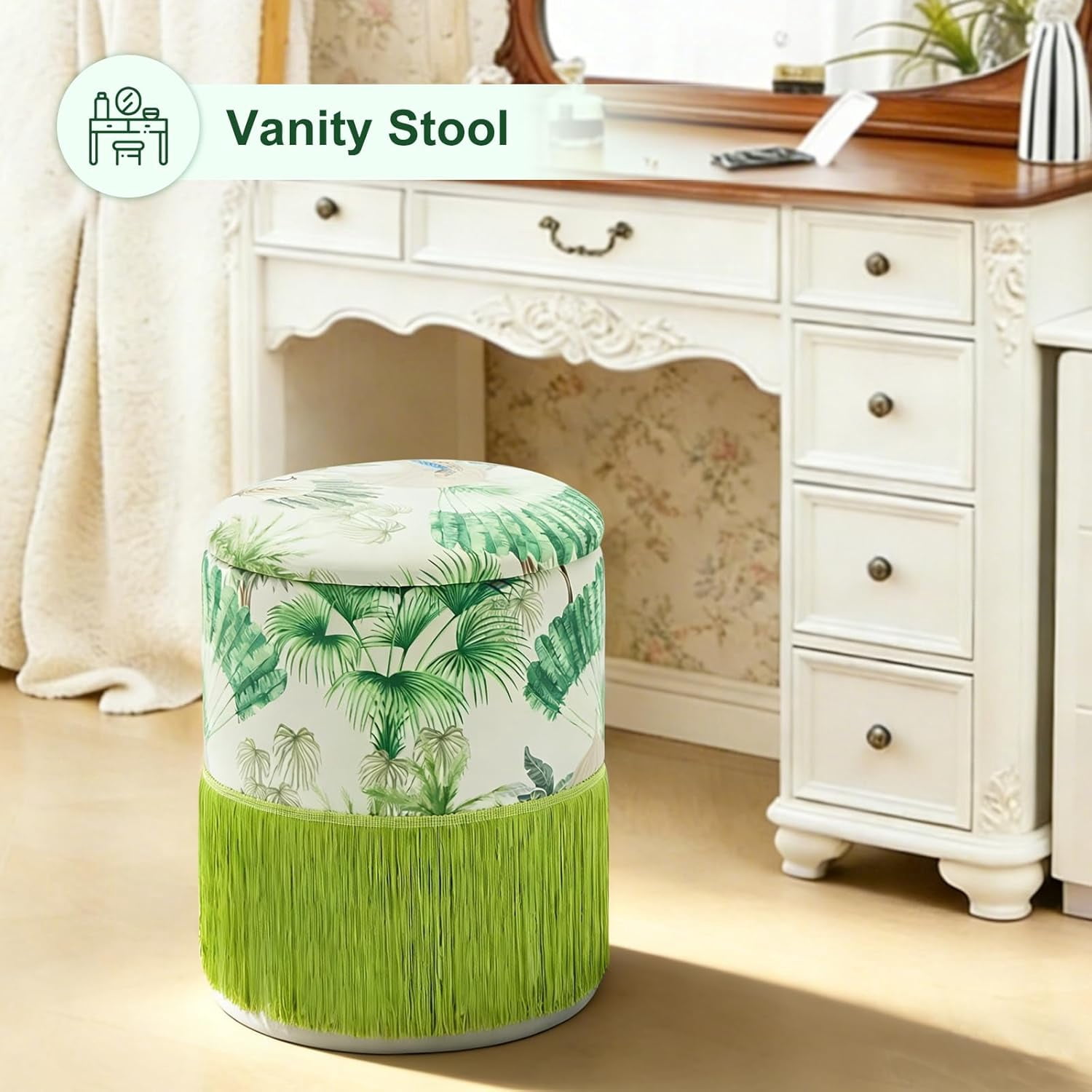 Casa Pura Furniture Round Storage Ottoman Velvet Fringe Upholstered Footrest Stool Green