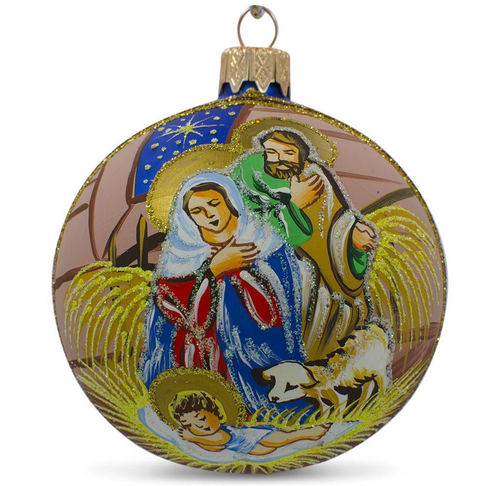 Mary Overlooking Jesus Nativity Glass Ball Christmas Ornament 3.25 Inches 