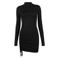 thumbnail image 3 of Winter Fall Dresses for Women Wedding Guest Long Sleeve Solid Color High-Necked Pleated Lace-up Mini Dress, 3 of 7