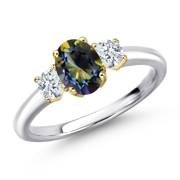 Gem Stone King 10K Two Tone Gold Blue Mystic Topaz and White Zirconia Engagement Ring for Women | 1.60 Cttw | Oval 7X5MM | Gemstone November Birthstone | Size 5