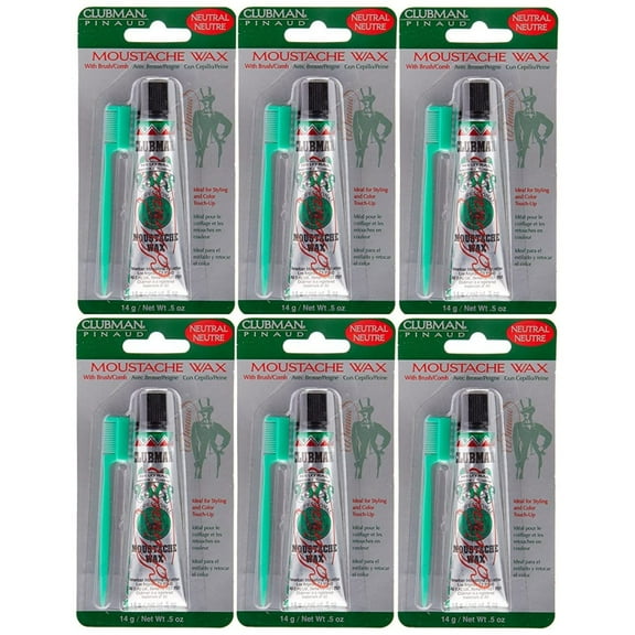 Clubman Pinaud Moustache Wax with Free Brush/Comb Applicator, Neutral, 0.5 Ounce (Pack of 6)