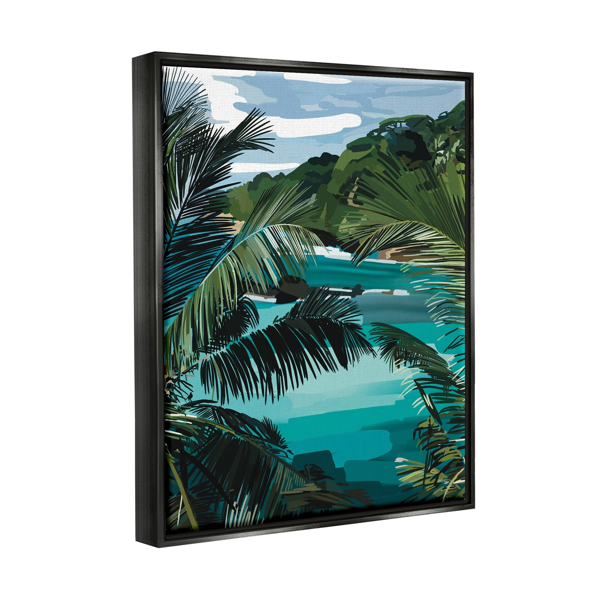 Stupell Industries Tropical Ocean Inlet Lush Palm Tree Hills Graphic Art Luster Gray Floating Framed Canvas Print Wall Art, Design by Amelia Noyes