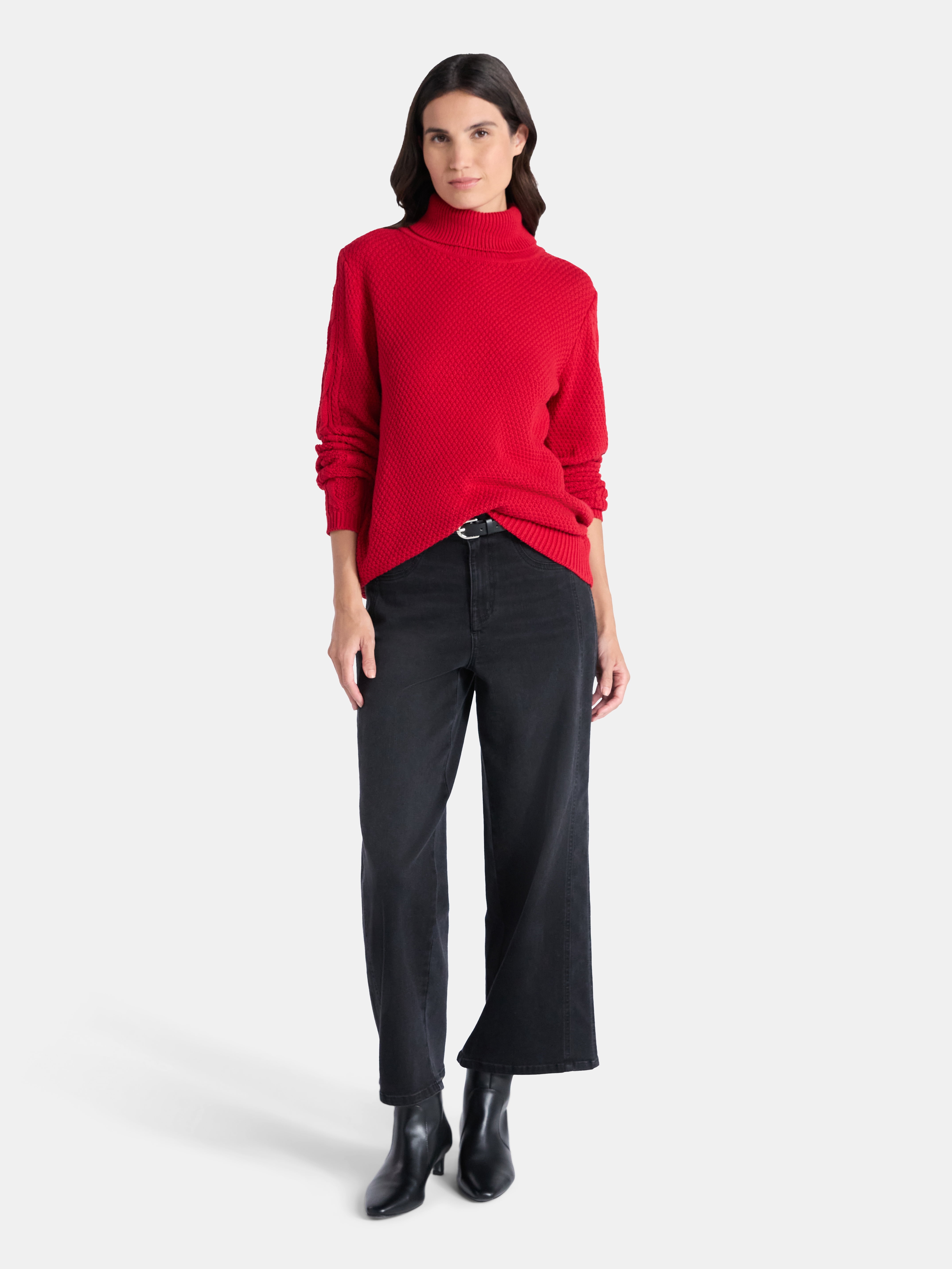 Time and Tru Women’s and Women’s Plus Turtleneck Sweater with Cable Sleeves, Midweight, Sizes XS-4X