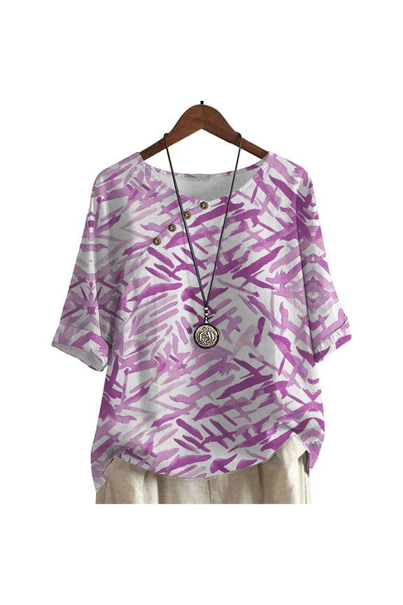 Women Blouse Stripe Printed Plus Size Shirts Mid Sleeve Casual Tee Tops