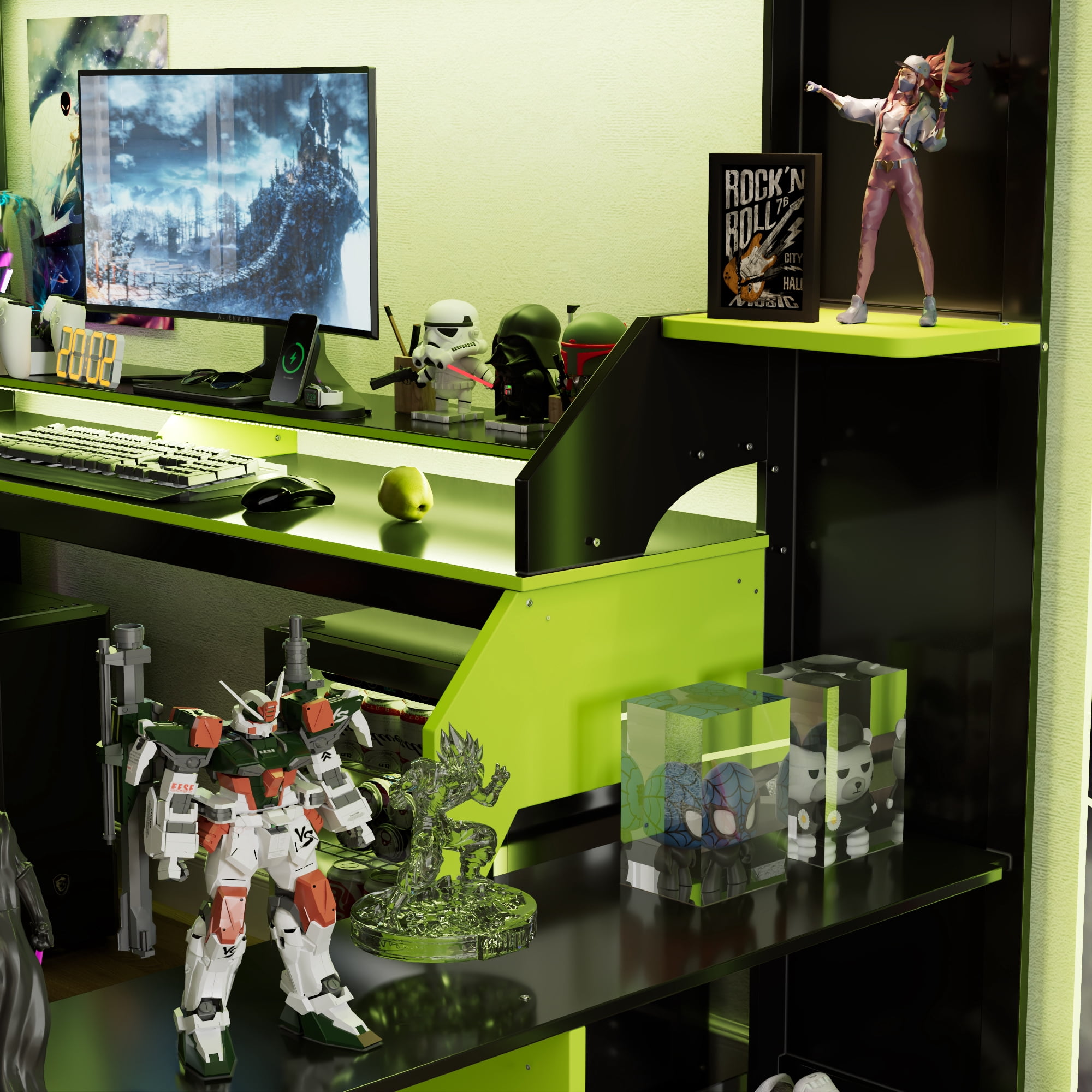 Mintazer Full Size Gaming Loft Bed with RGB LED Lights, Power Outlets and Dual Side Storage Shelves, Black & Green