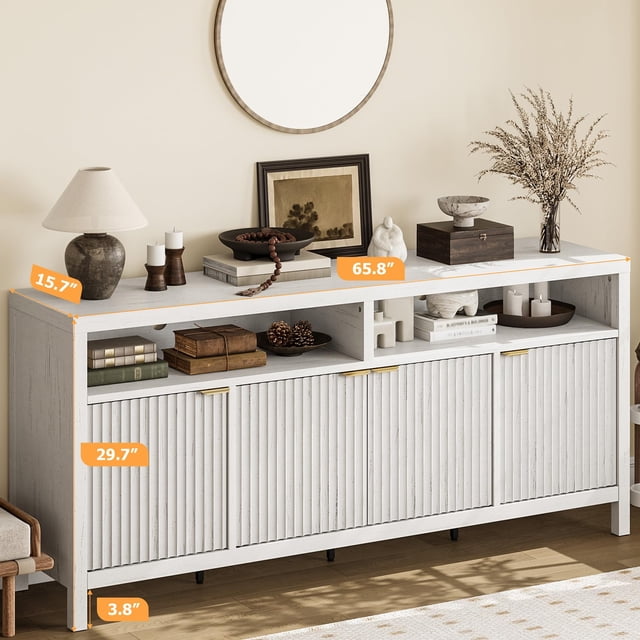 GloryStar Armoire de Rangement Cannelée 65,8 Pouces Réglable à 3 Niveaux, Organisateur d'Entrée Moderne avec Portes Cannelées et Poignée Dorée, Conception Imperméable pour Cuisine, Salle à Manger et Bureau à Domicile