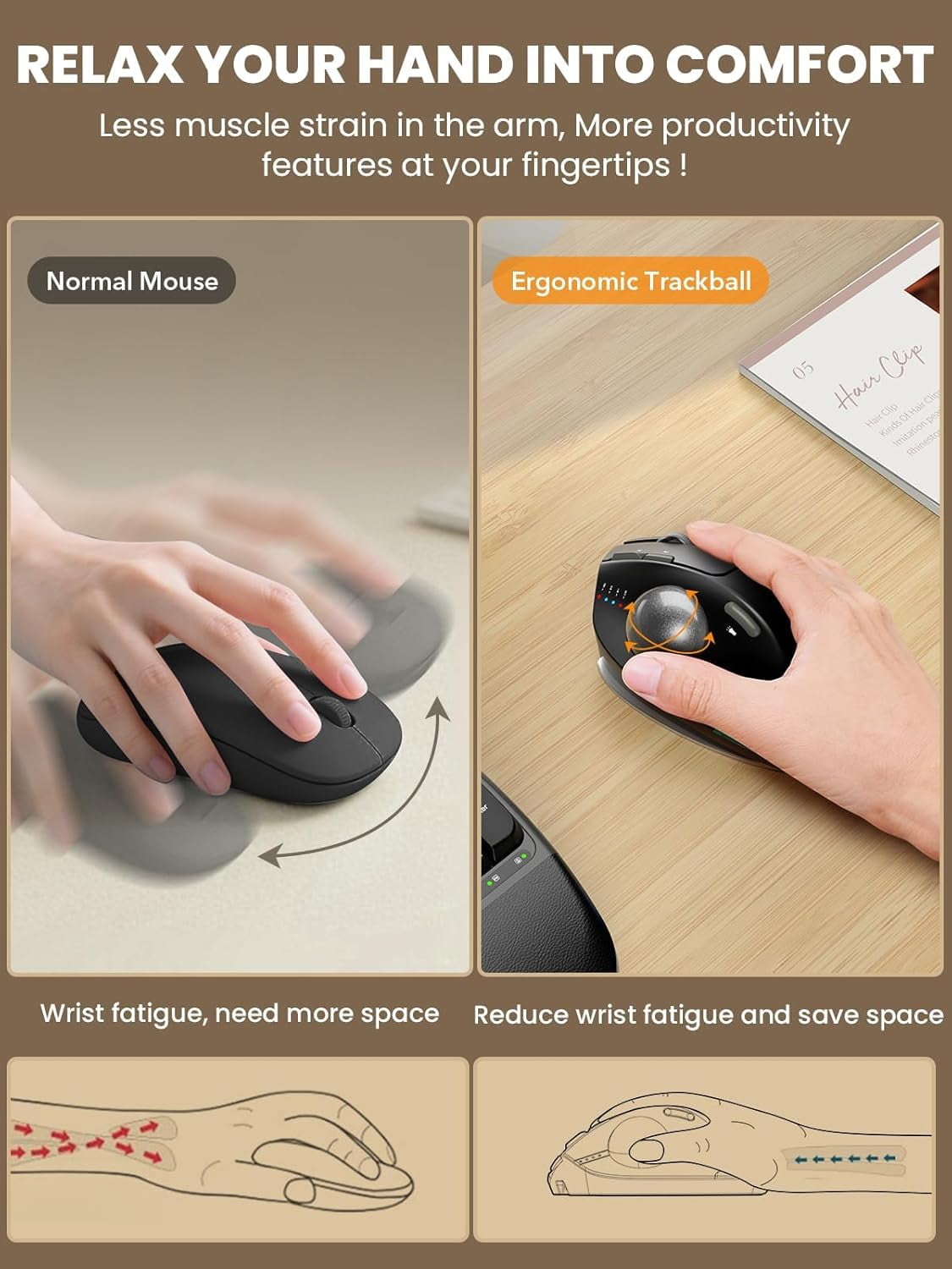 Ergonomic Wireless Trackball Mouse, Adjustable Angle, Thumb Control, Quiet Click, Rechargeable, Multi-Device Bluetooth & USB, for Windows Mac-Black Ball