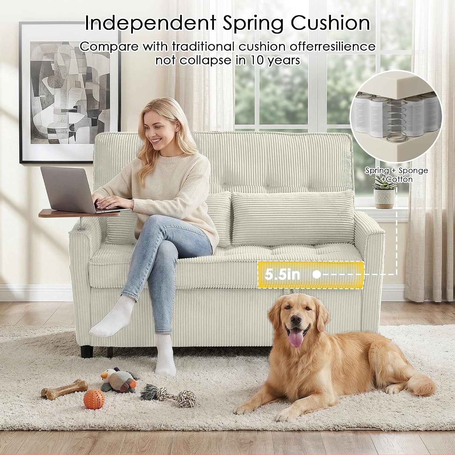 55" Sleeper Sofa Bed, Convertible Pull Out Couch with Side Stand, USB Ports, Side Pockets, Corduroy Fabric, Adjustable Backrest, Beige