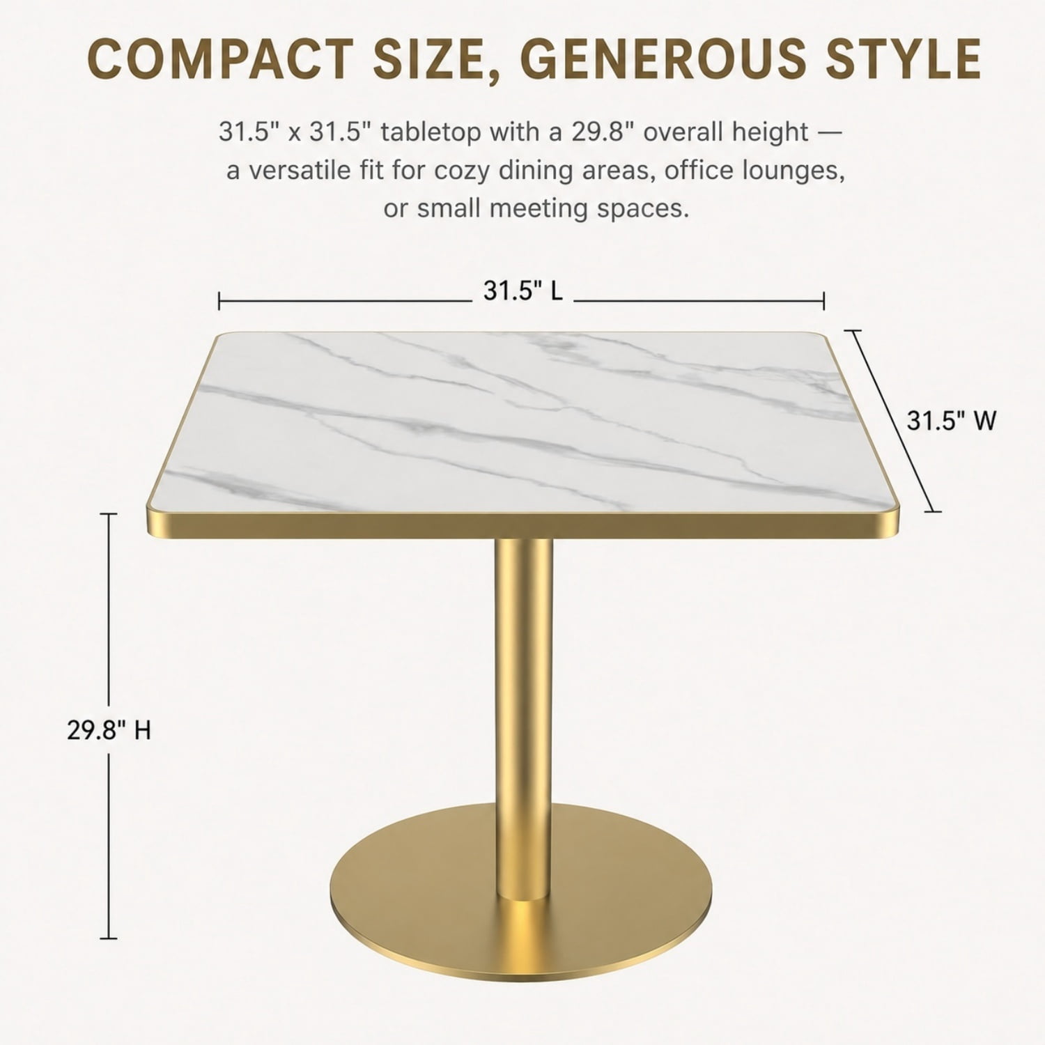 Miniyam 31.5 in Square Dining Table, Glossy Marble-Look Small Kitchen Table with Titanium Gold Feet, White Gray Vein