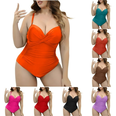 CFLVAEK Plus Size One Piece Swimsuit for Women Tummy Control Bathing Suits Full Coverage V Neck Swim Suit Solid Color Ruched Swimwear 2025 Pink XL