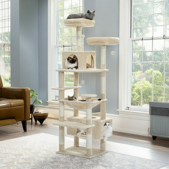 Pefilos 72" Large Cat Tree Tower with Sisal Scratching Post, Indoor Cat Condo for Big Cat Maine Coon, Beige