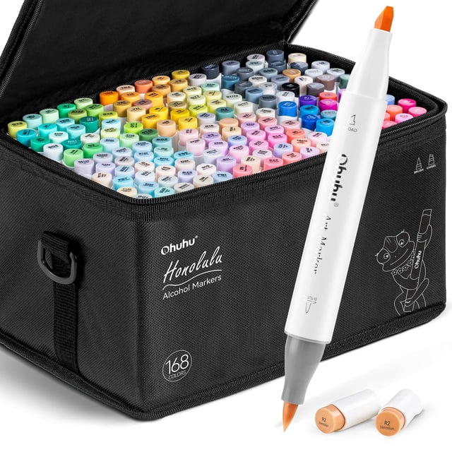 Juego de rotuladores de alcohol Ohuhu con punta de pincel de 168 colores, tinta recargable