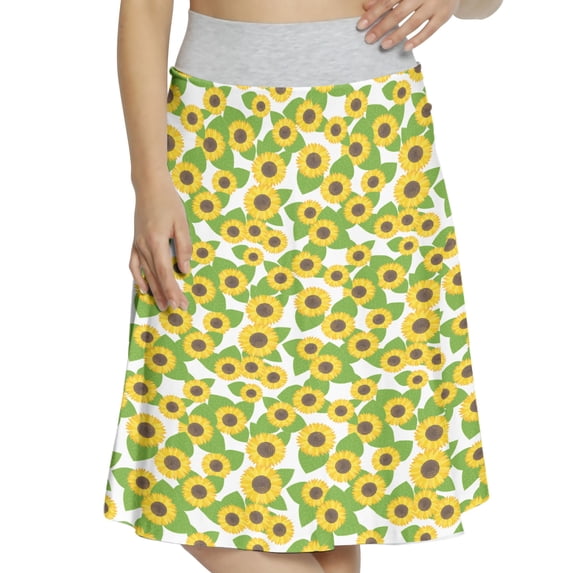 Women's Sunflower Botanical Foliage Bloom A-line Printed Skirt Casual Wear, L, Green Brown Yellow, by Ambesonne