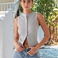 thumbnail image 2 of Women'S Sleeveless Round Neck Slim Fit Ribbed Button Vest Light Gray XL, 2 of 8