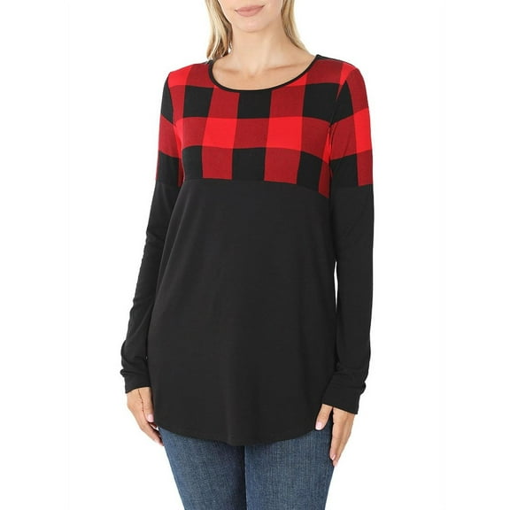 Womens Plaid Colorblock Long Sleeve Shirt