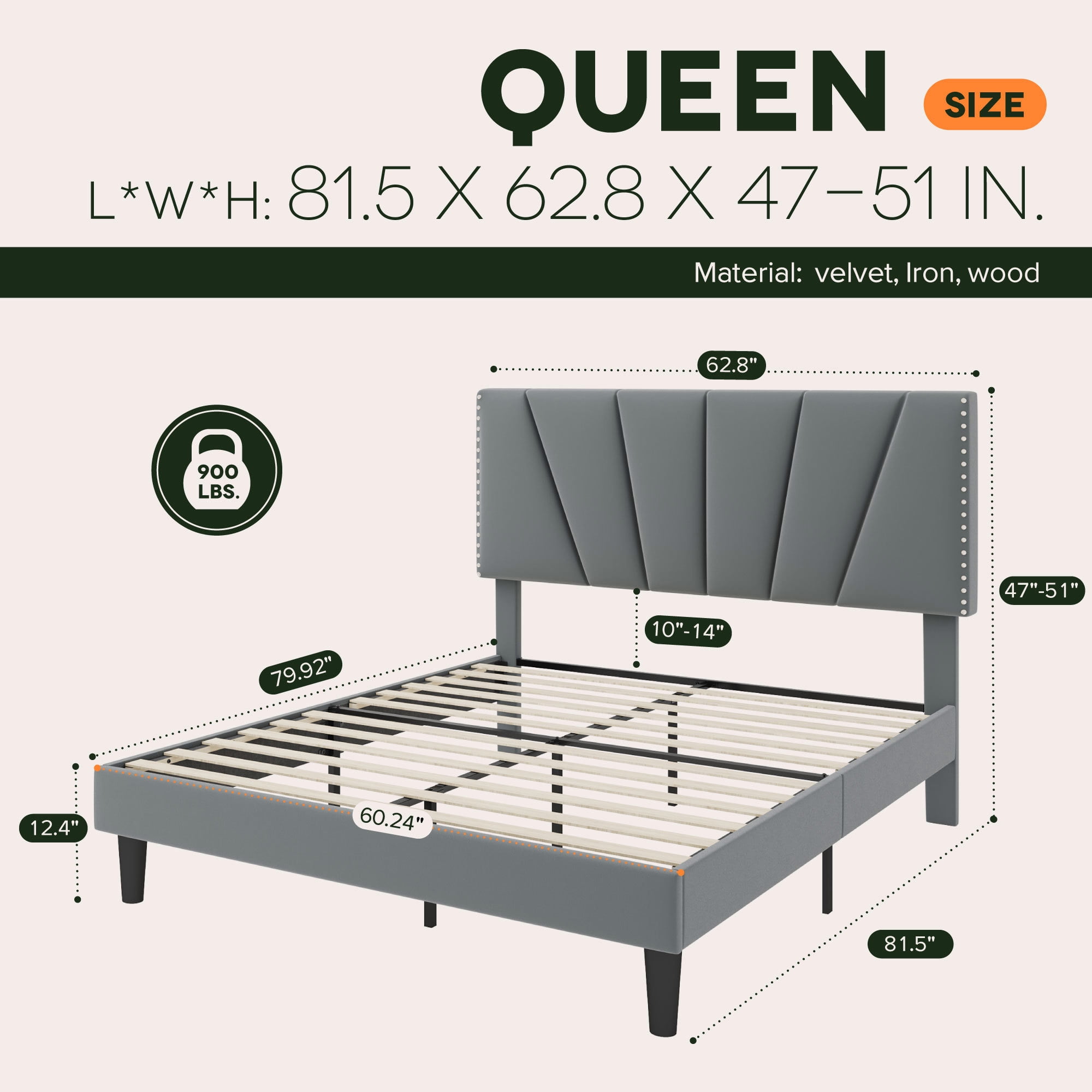 Einfach Queen Size Premium Velvet Upholstered Platform Bed Frame with Adjustable Headboard,Under-Bed Storage,Heavy-Duty Metal Support, Noise-Free Slats, Gray