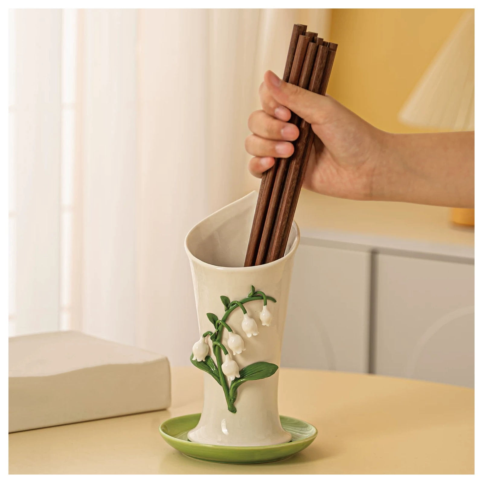 Japanese Drain Rack, Ceramic Cutlery Drainer with Water Tray, Ceramic Utensil Storage Rack for Chopsticks, Spoon Rack