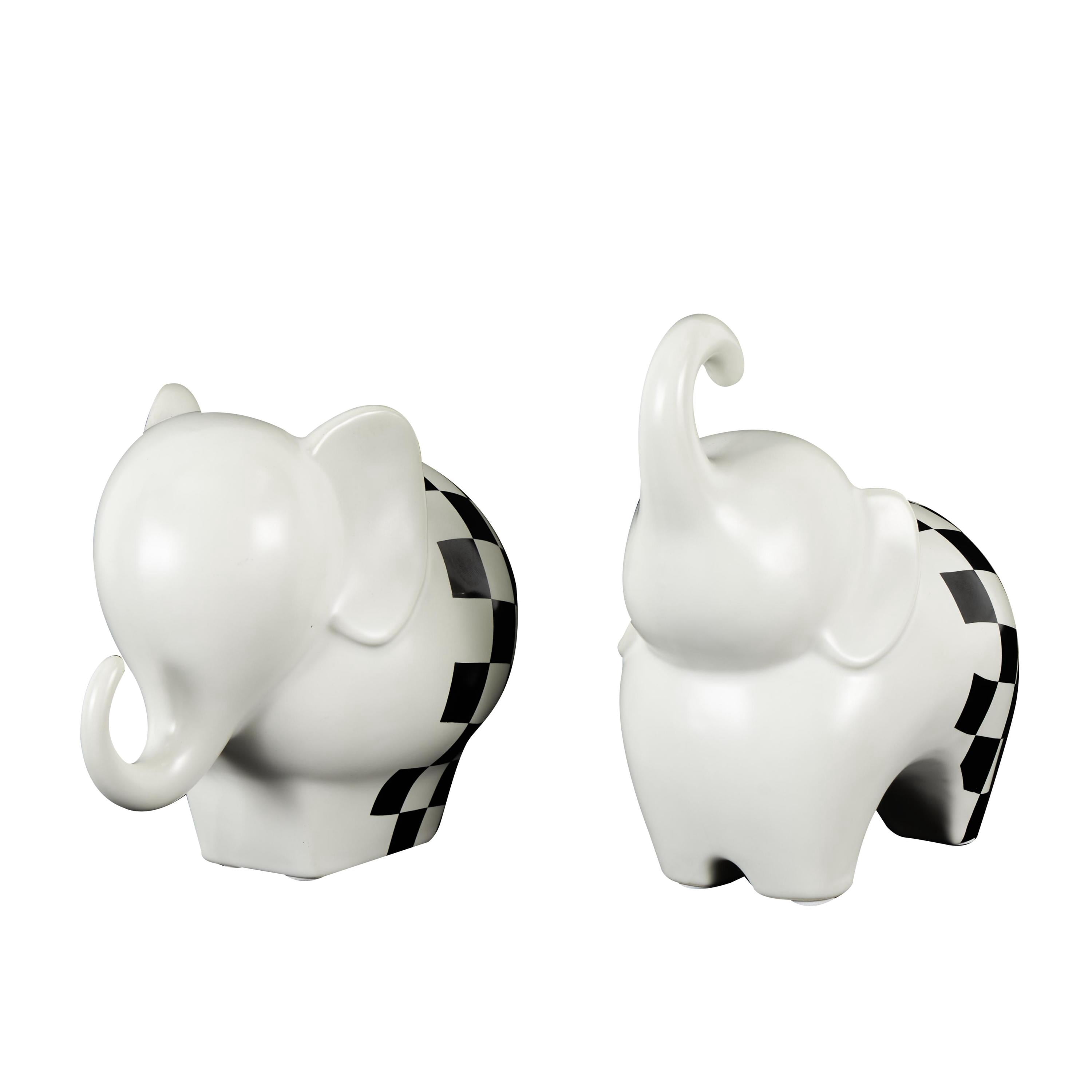 6", 7"H White Ceramic Small Elephant Sculpture with Checkered Pattern, by DecMode (2 Count)