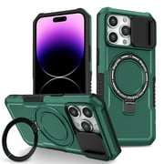 TECH CIRCLE Case for iPhone 15 Pro Max (6.7") - [Sliding Cover for Camera Protection] [Compatible with MagSafe] Shockproof Multifunctional Shell Case with Hidden Kickstand/Phone Ring Holder,Dark Green