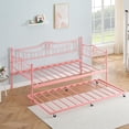 thumbnail image 3 of Twin Daybed with Trundle, Metal Trundle Bed, Sofa Bed Frame, Heavy Duty Metal Slats, for Living Room, Bedroom, Guest Room, Space Saving, Pink, 3 of 7