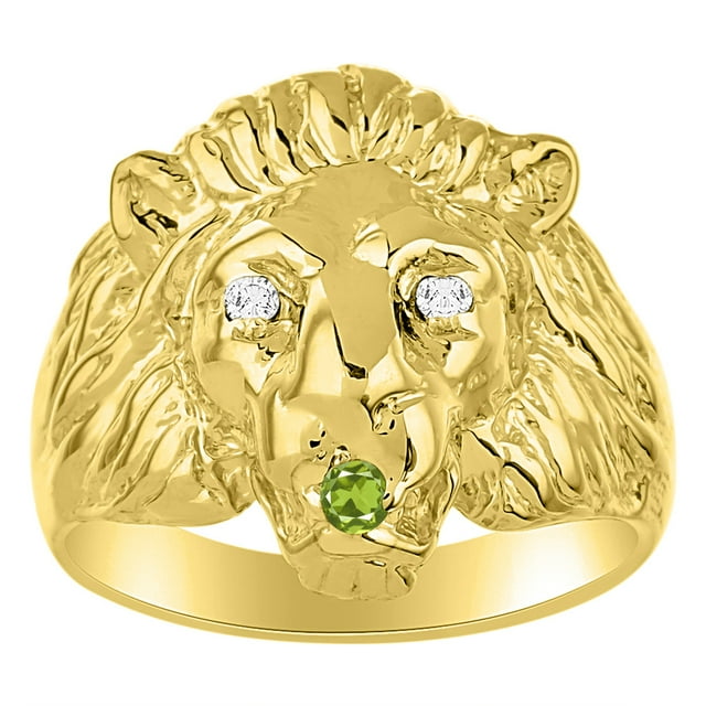 RYLOS Rings Gold Plated Silver Lion Head Ring Diamonds in Eyes & Gemstone Mouth Fun Designer Rings Peridot Jewelry Size 13