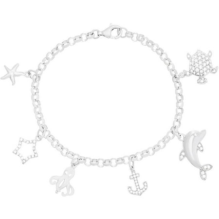 Lesa Michele Cubic Zirconia Sterling Silver Aquatic Anchor Multi-Charm Bracelet in Sterling Silver