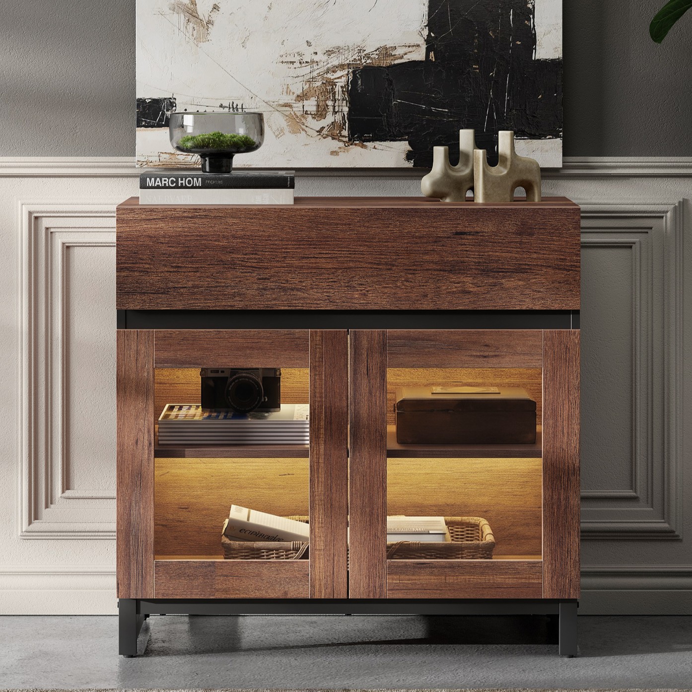 Modern TV Stand with Glass Door & 1 Drawer, Metal Base Entertainment Console for 32-40 Inch TVs, Media Console for Living Room & Bedroom,Brown