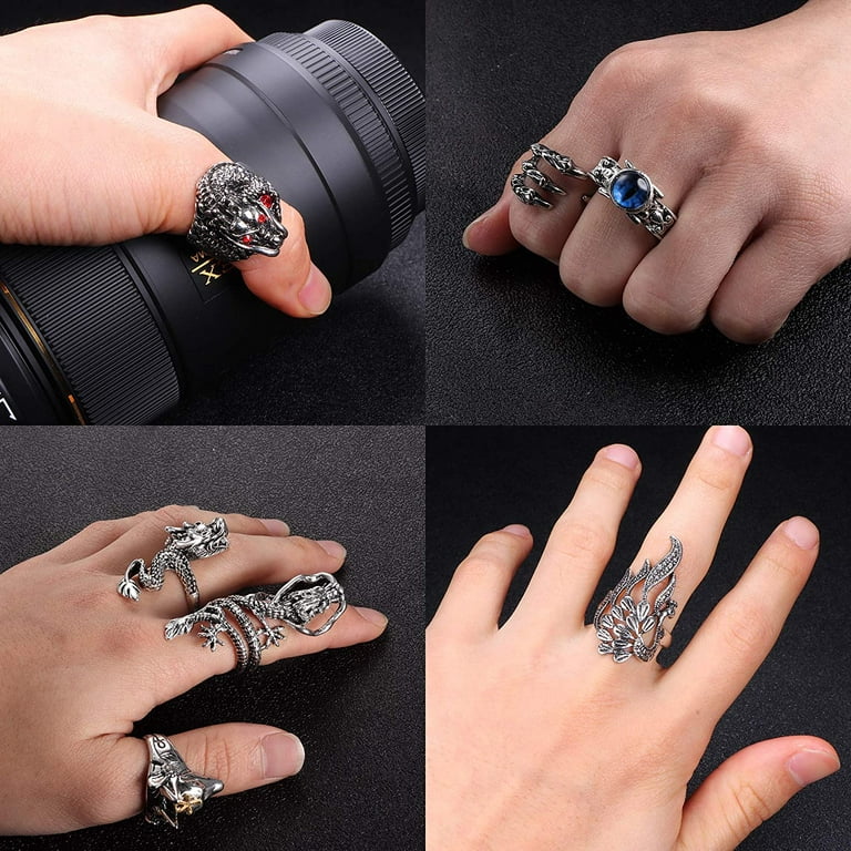 Jstyle 16 PCS Vintage Punk Rings for Men Women Gothic Dragon Claw Cobra  Snake Skull Lion Peafowl Wolf Cattle Fox Cat Rings for Couples Open Adjustable  Ring Set Jewelry 