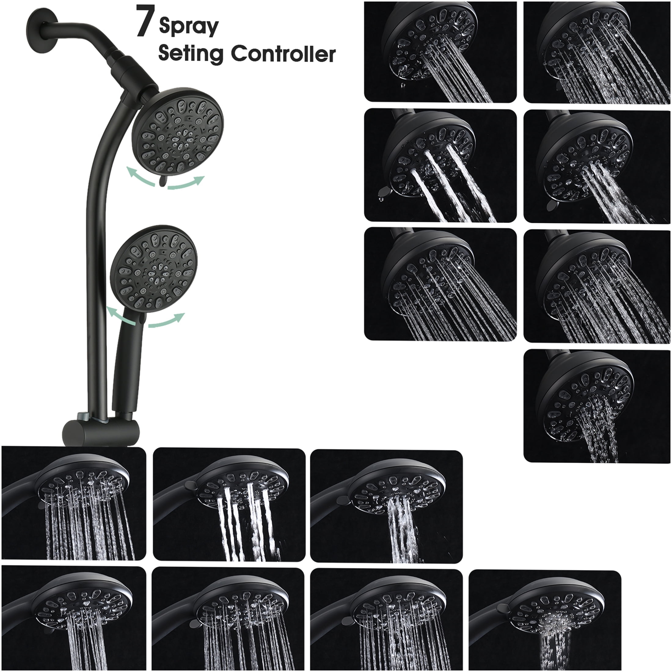 JERFIT Matte Black Dual Shower Head System with 7-Spray Rain Showerhead, Handheld, Slide Bar & No-Drill Mount