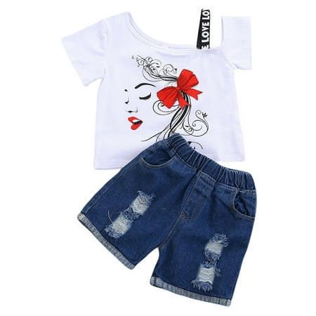 

Toddler Kids Baby Girl Clothes One Shoulder Ruffle Crop Top+Ripped Denim Short Pants Summer Outfits Set