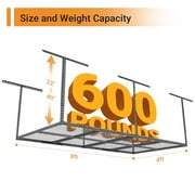4ftx8ft Overhead Garage Storage Rack, Heavy-Duty Metal Garage Ceiling Storage Rack, 22''-40" Adjustable Ceiling Drop-Down, 600 lb. Loading Weight Capacity, Hammertone
