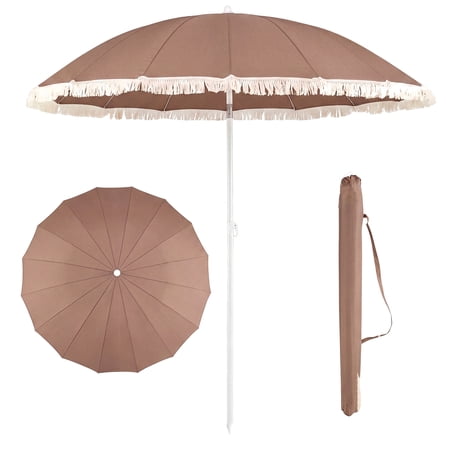 Costway Patio Umbrella with Fringe, Boho Tassel Umbrella for Outdoor Beach Garden Poolside Brown+White