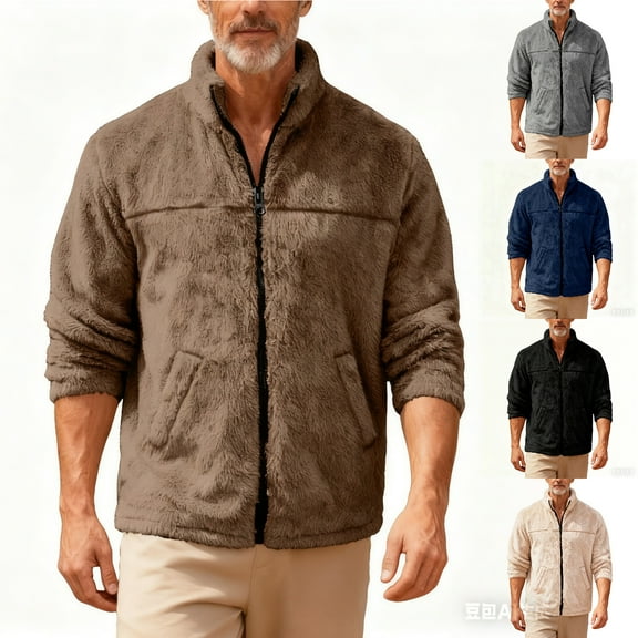 Men's Stand-up Collar Fleece Jacket with Solid Color Design, Loose Zipper Long-sleeve Style for Casual Outings, Winter Layering, and Holiday Events,Black,L