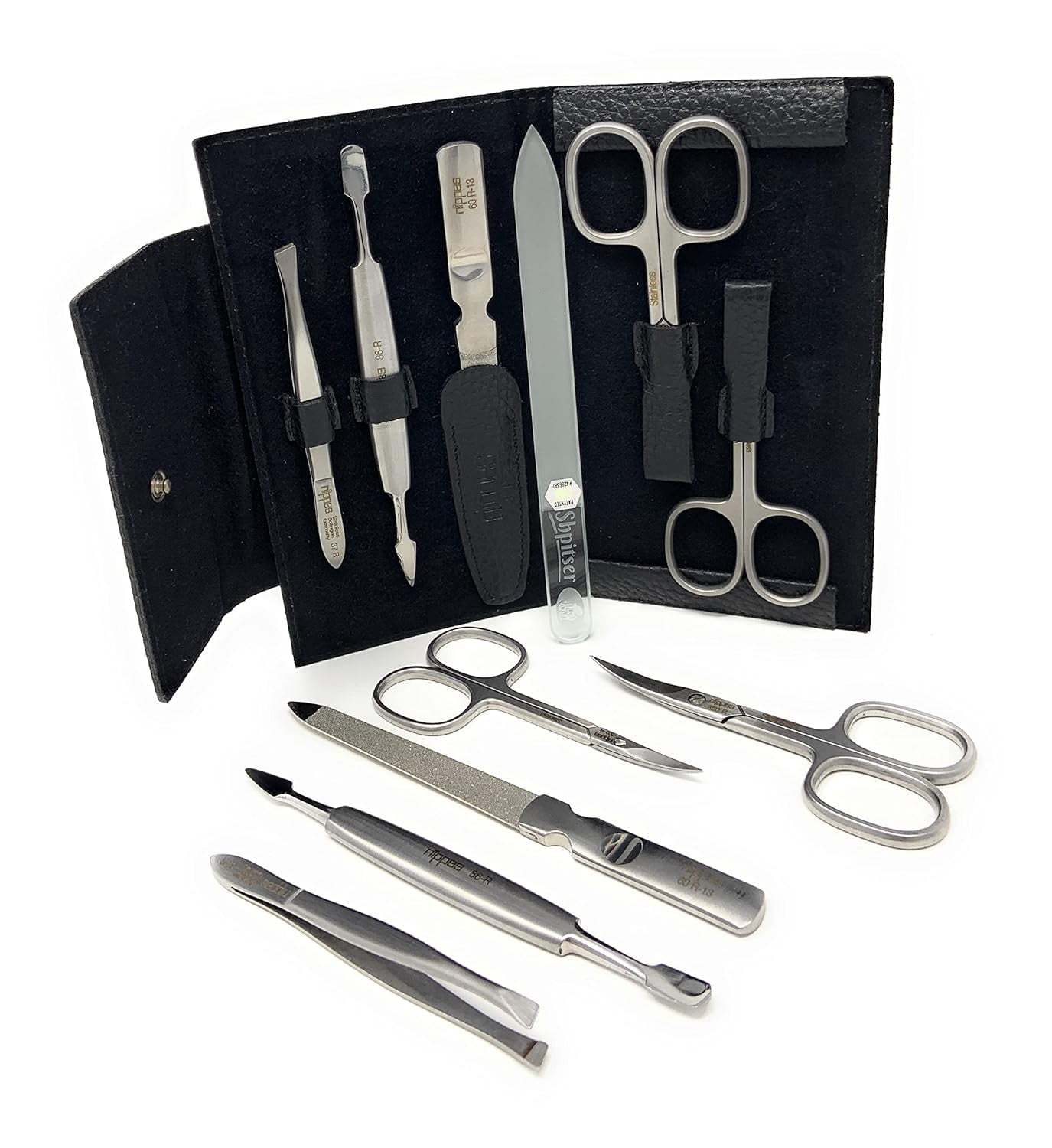 5-Pieces Luxury German Manicure Pedicure Set Premium Stainless Steel Grooming Kit Hand in Genuine Cowhide Leather Case with Bonus Shpitser Crystal Glass Professional Nail File