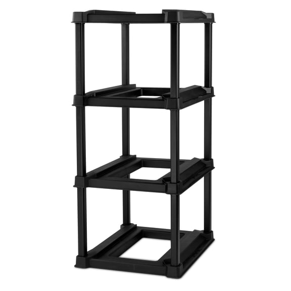 4 Tier Tote Rack, Holds Four 27 Gallon Industrial Storage Totes, Heavy Duty Plastic Garage Storage Organizer, Vertical Easy-Access No-Stacking Design, Black